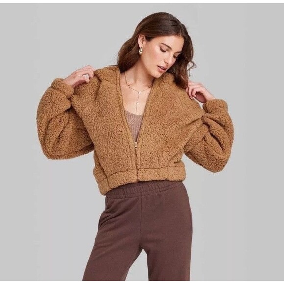Wild Fable Women's Faux Shearling Dolman Sleeve Full Zip-Up Hooded Jacket M/L - Picture 1 of 7